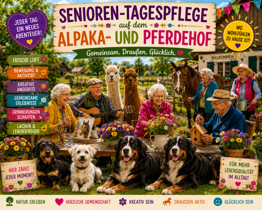 Eine Gruppe seniorenfreundlicher Menschen interagiert auf einem Hof mit Alpakas und Pferden.