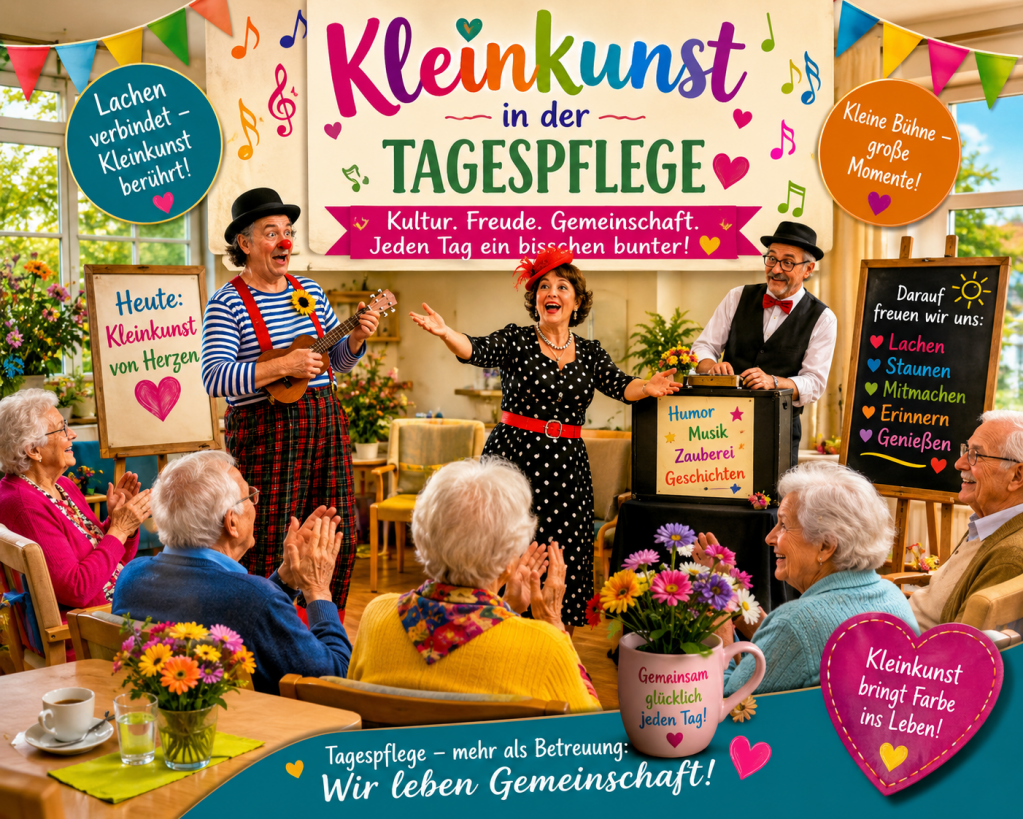 Eine Gruppe älterer Menschen genießt eine Kleinkunstveranstaltung mit Musik und Gesang in einer Tagespflegeeinrichtung.