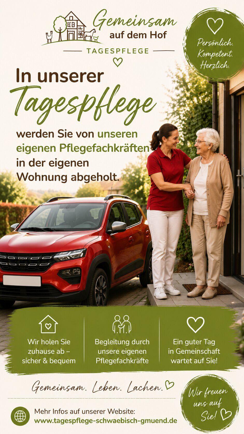 auf dem Bild ist eine Pflegekraft zu sehen, die einen Tagesgast zuhause abholt